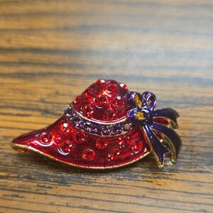 Gold Tone Red Hat Society Brooches Glossy Enamel Glass Rhinestone Pins